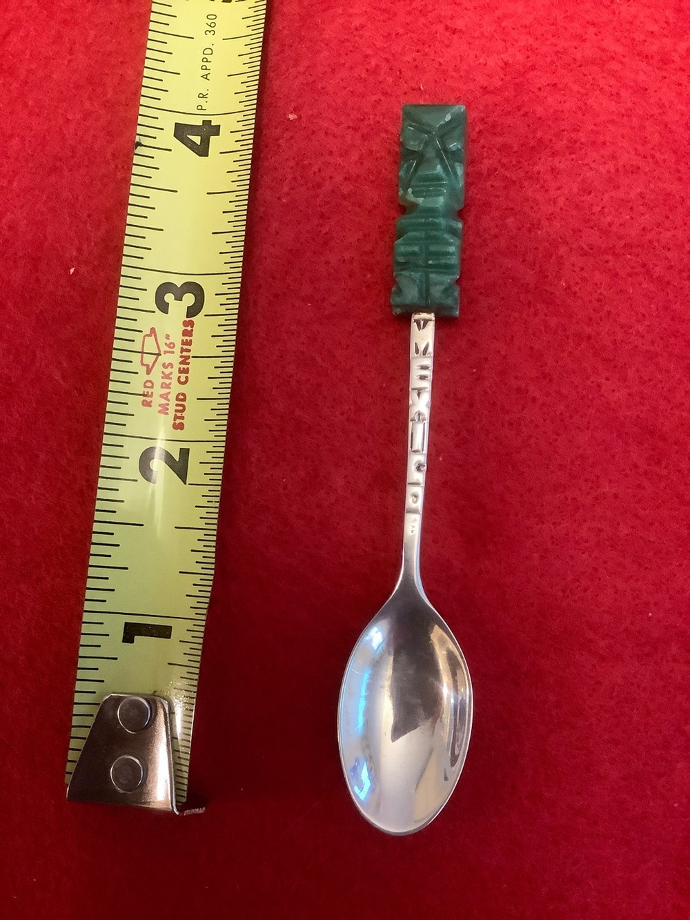 Sterling Silver Mexico Souvenir Spoon with Hade Carved Head